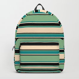 [ Thumbnail: Dark Sea Green, Dark Cyan, Bisque, and Black Colored Striped Pattern Backpack ]