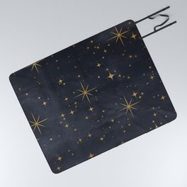 Gold Stars Black Ink Night Sky Magical Mid Century Pattern Picnic Blanket