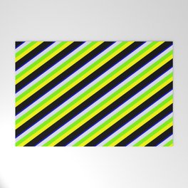 [ Thumbnail: Colorful Blue, Lavender, Green, Yellow, and Black Colored Stripes Pattern Welcome Mat ]