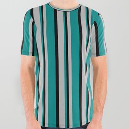 [ Thumbnail: Grey, Dark Cyan & Black Colored Lined Pattern All Over Graphic Tee ]