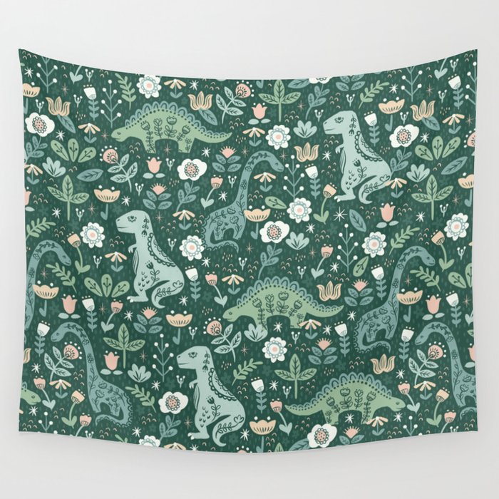 Folk Floral Dinosaur Wall Tapestry