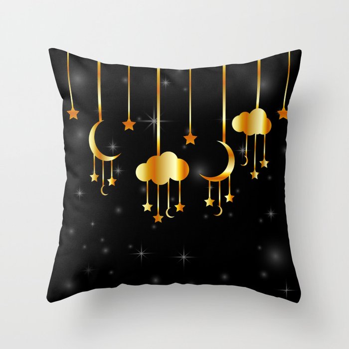 Night sky hanging moon and clouds Throw Pillow