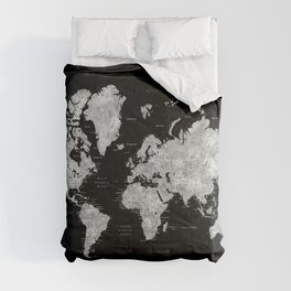 Black and grey watercolor world map with cities Comforter