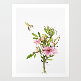 Peony with 3 Hummingbirds Art Print