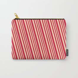 [ Thumbnail: Beige and Crimson Colored Lined Pattern Carry-All Pouch ]
