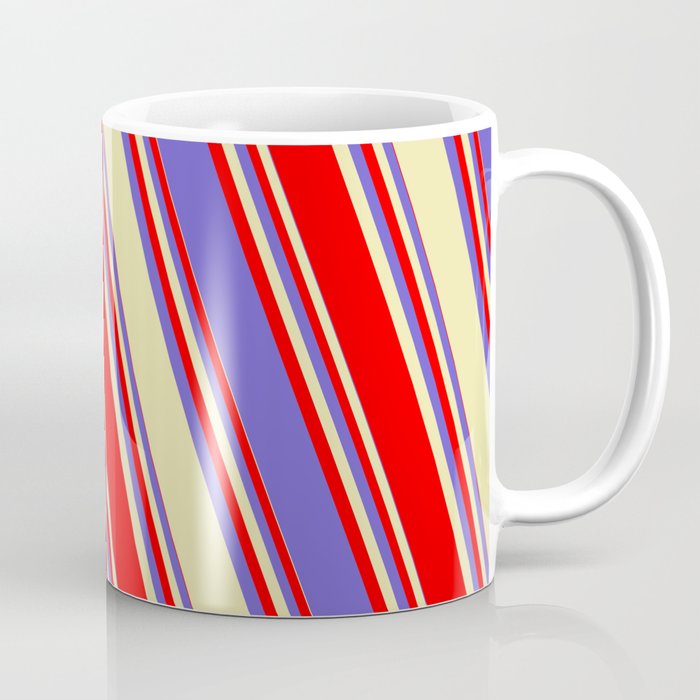 Red, Slate Blue, and Pale Goldenrod Colored Lined/Striped Pattern Coffee Mug