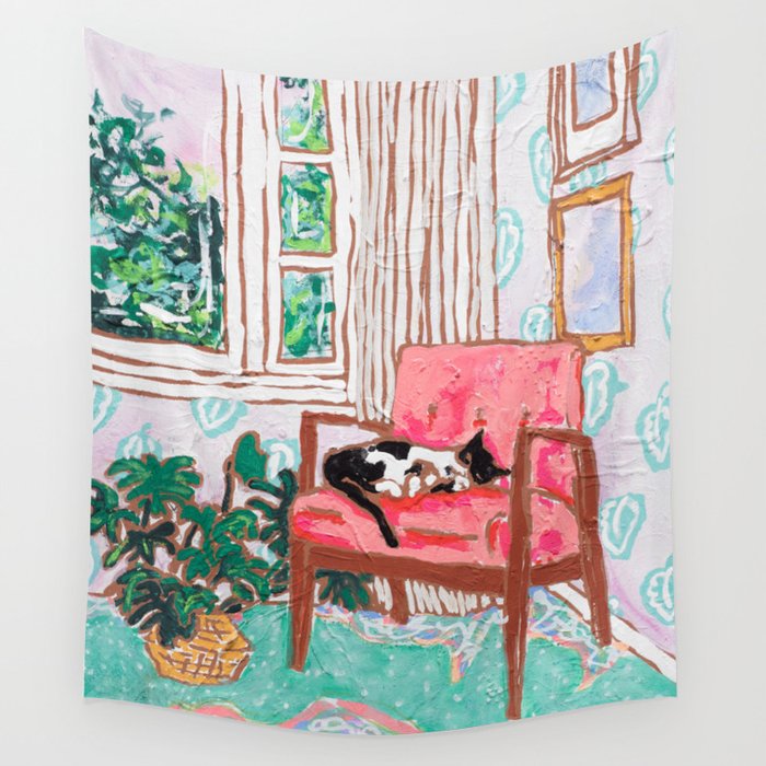 Little Naps - Tuxedo Cat Napping in a Pink Mid-Century Chair by the Window Wall Tapestry