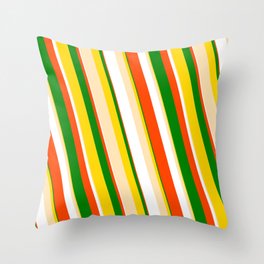 [ Thumbnail: Eye-catching Yellow, Beige, White, Red & Green Colored Pattern of Stripes Throw Pillow ]
