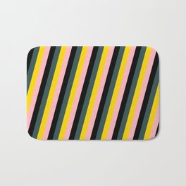 [ Thumbnail: Dark Slate Gray, Yellow, Light Pink & Black Colored Lined/Striped Pattern Bath Mat ]