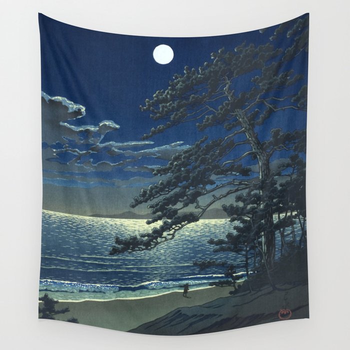 Kawase Hasui, Moonlight Over Ninomiya Beach - Vintage Japanese Woodblock Print Art Wall Tapestry