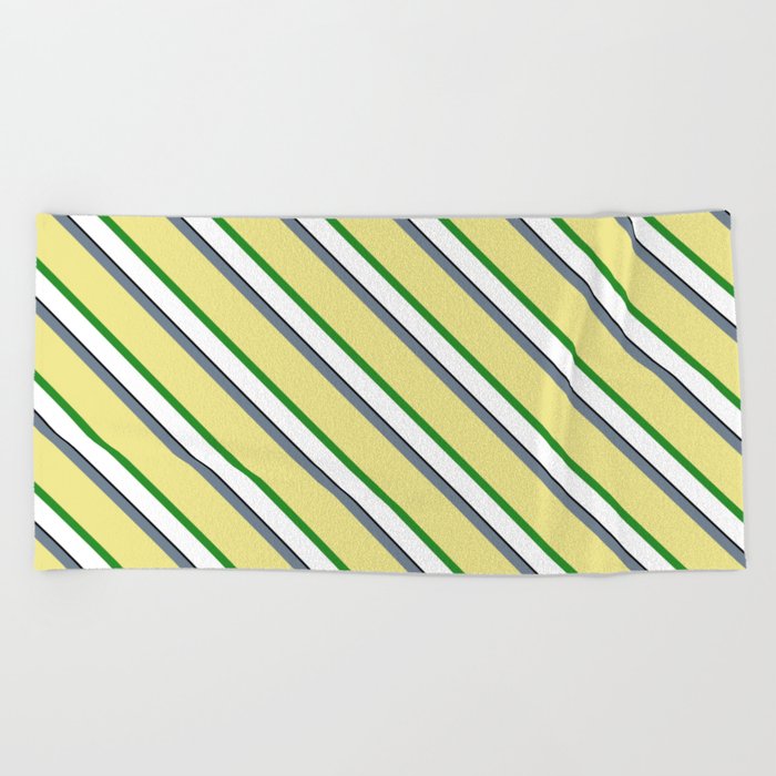 Eye-catching Slate Gray, Tan, Forest Green, White, and Black Colored Lined Pattern Beach Towel