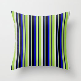 [ Thumbnail: Light Grey, Green, Blue & Black Colored Lined Pattern Throw Pillow ]