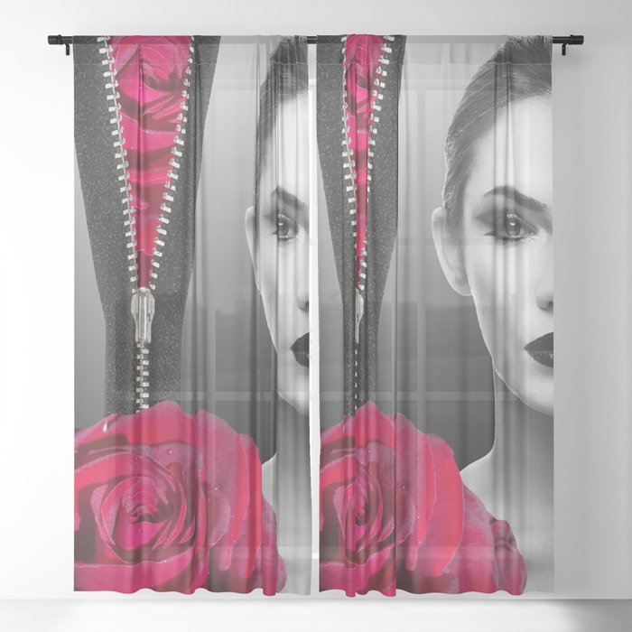 Woman Black and White Zipper Roses Sheer Curtain