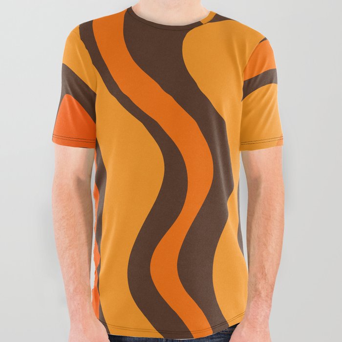 Retro Liquid Swirl Abstract Pattern in 70s Orange and Brown  All Over Graphic Tee