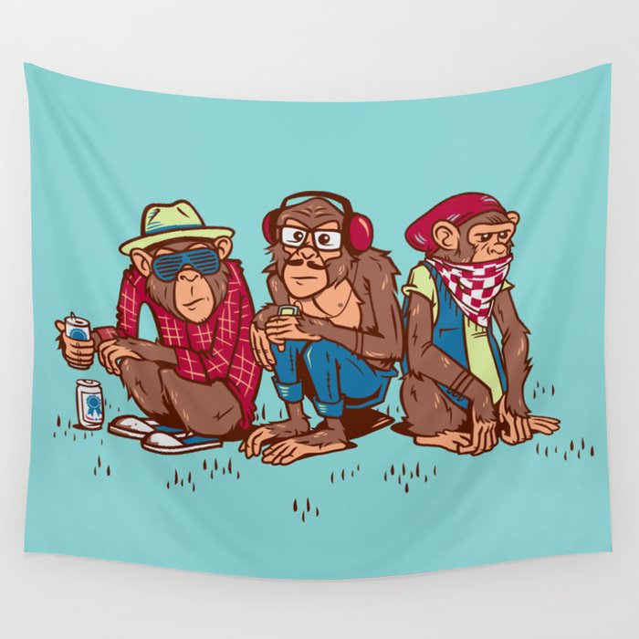 Three Wise Hipster Monkeys Wall Tapestry