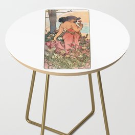 Alphonse Mucha Brunette Girl In The Forest With Pink Dress And Flowers Side Table