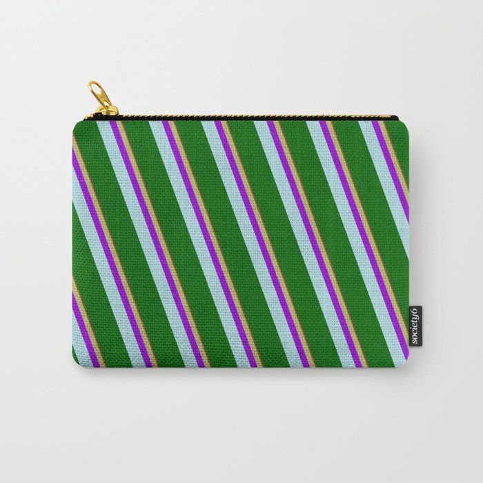 Brown, Dark Khaki, Dark Violet, Powder Blue, and Dark Green Colored Lined/Striped Pattern Carry-All Pouch