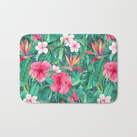 Classic Tropical Garden with Pink Flowers Bath Mat