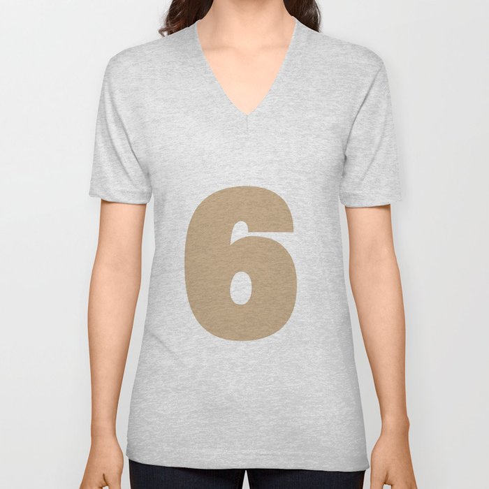 6 (Tan & White Number) V Neck T Shirt