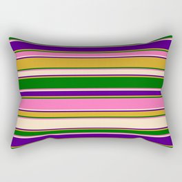 [ Thumbnail: Eyecatching Goldenrod, Dark Green, Hot Pink, Bisque & Indigo Colored Striped/Lined Pattern Rectangular Pillow ]