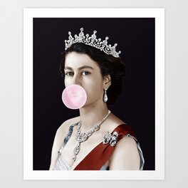 Queen Elizabeth II blowing a pink bubble gum II Art Print