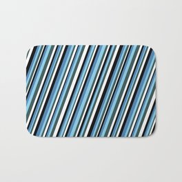 [ Thumbnail: Eyecatching Blue, Sky Blue, Dark Slate Gray, White, and Black Colored Stripes Pattern Bath Mat ]