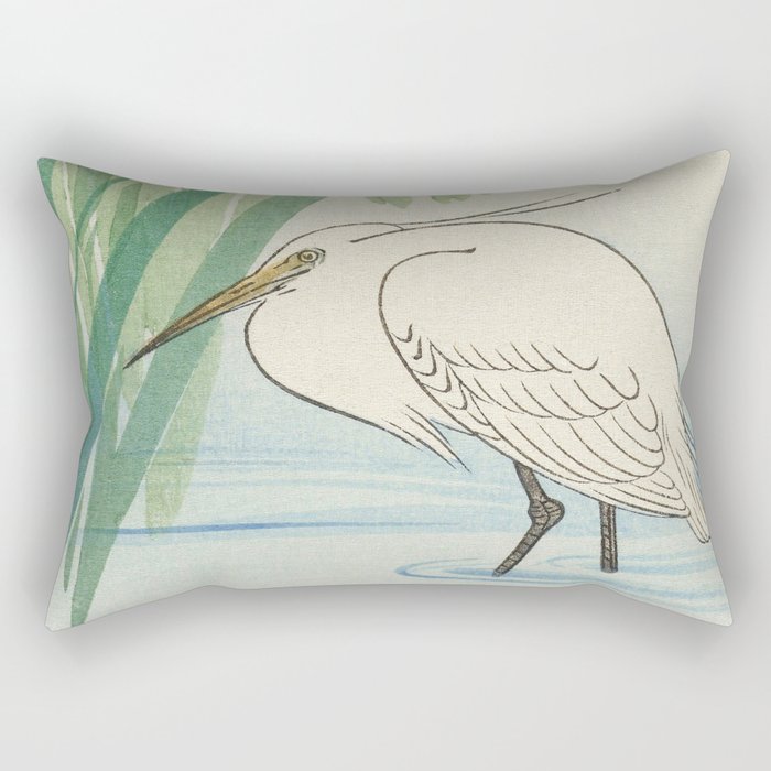 Egret and blue swamp flowers - Vintage Japanese Woodblock Print Rectangular Pillow