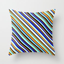 [ Thumbnail: Vibrant Mint Cream, Black, Orange, Blue & Aquamarine Colored Lined/Striped Pattern Throw Pillow ]