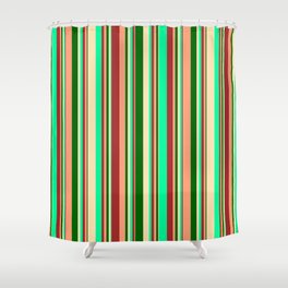 [ Thumbnail: Eye-catching Brown, Green, Beige, Dark Green & Light Salmon Colored Lined/Striped Pattern Shower Curtain ]