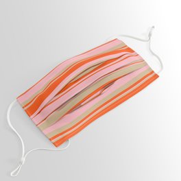 [ Thumbnail: Red, Light Pink, and Tan Colored Lined/Striped Pattern Face Mask ]