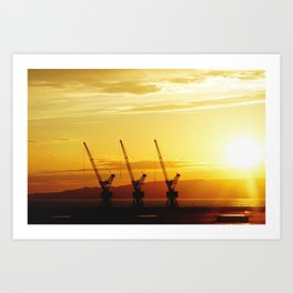 Harbour Cranes | Sunset at the Loading Port Art Print | Import Export, For Office, Industry, Digital, Photo, Hydraulic, Machine, Metal, Sunset, Color 