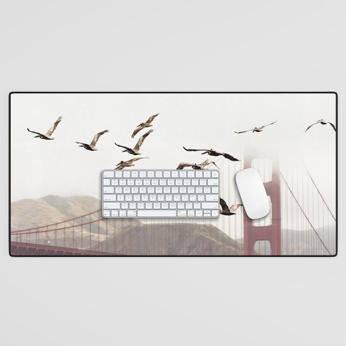 USA Photography - Birds Flying Over Golden Gate Bridge Desk Mat