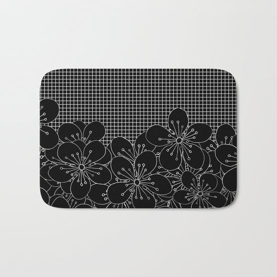 Cherry Blossom Grid Black Bath Mat