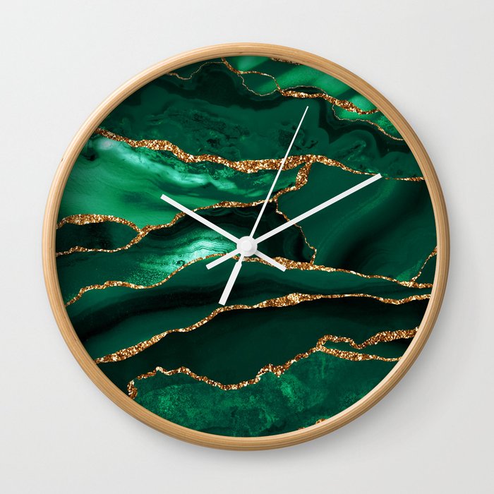Green Malachite Marble With Gold Glitter Veins Wall Clock