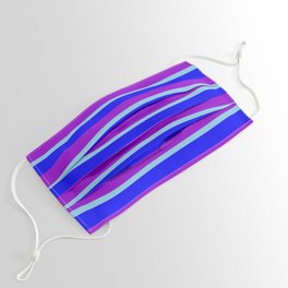 [ Thumbnail: Blue, Dark Violet, and Sky Blue Colored Striped/Lined Pattern Face Mask ]