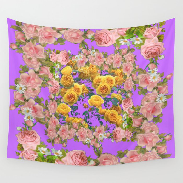 PINK & YELLOW SPRING ROSE GARDEN LILAC PURPLE VIGNETTE Wall Tapestry