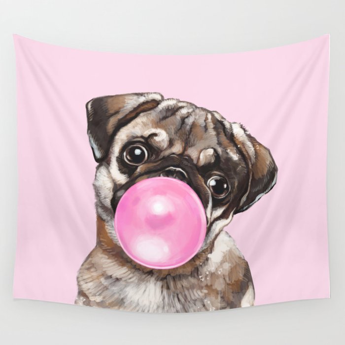 Pug with Pink Bubble Gum Wall Tapestry