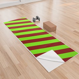 [ Thumbnail: Green & Dark Red Colored Lines Pattern Yoga Towel ]