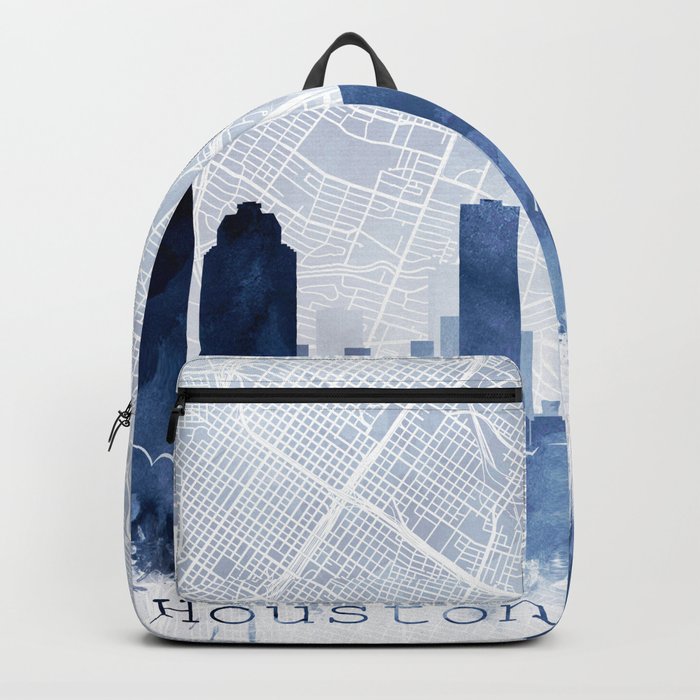 Houston Skyline & Map Watercolor Navy Blue, Print by Zouzounio Art Backpack