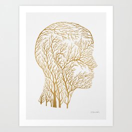 Head Profile Branches - Gold Art Print
