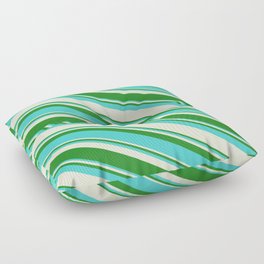 [ Thumbnail: Forest Green, Turquoise & Beige Colored Striped Pattern Floor Pillow ]