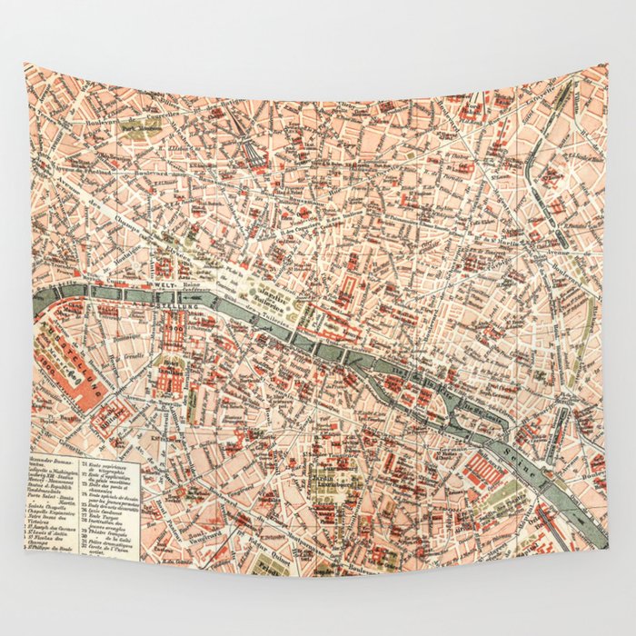 Vintage Map of Paris Wall Tapestry