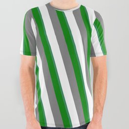 [ Thumbnail: Grey, White, Sea Green, and Green Colored Stripes/Lines Pattern All Over Graphic Tee ]
