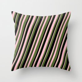 [ Thumbnail: Pink, Dark Olive Green & Black Colored Stripes Pattern Throw Pillow ]