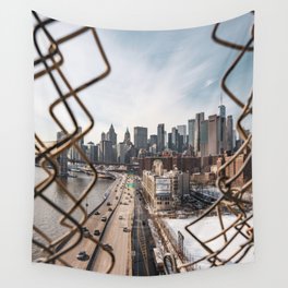 Views of New York City | Skyline and Brooklyn Bridge Through the Fence Wall Tapestry