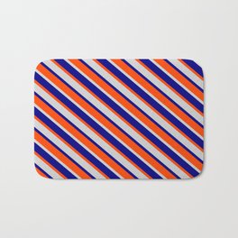 [ Thumbnail: Red, Light Grey, and Blue Colored Lined Pattern Bath Mat ]