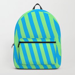 [ Thumbnail: Deep Sky Blue and Green Colored Striped/Lined Pattern Backpack ]