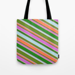 [ Thumbnail: Eyecatching Green, Orchid, Powder Blue, Coral & Forest Green Colored Lined Pattern Tote Bag ]