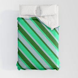 [ Thumbnail: Light Blue, Dark Green & Green Colored Stripes/Lines Pattern Comforter ]