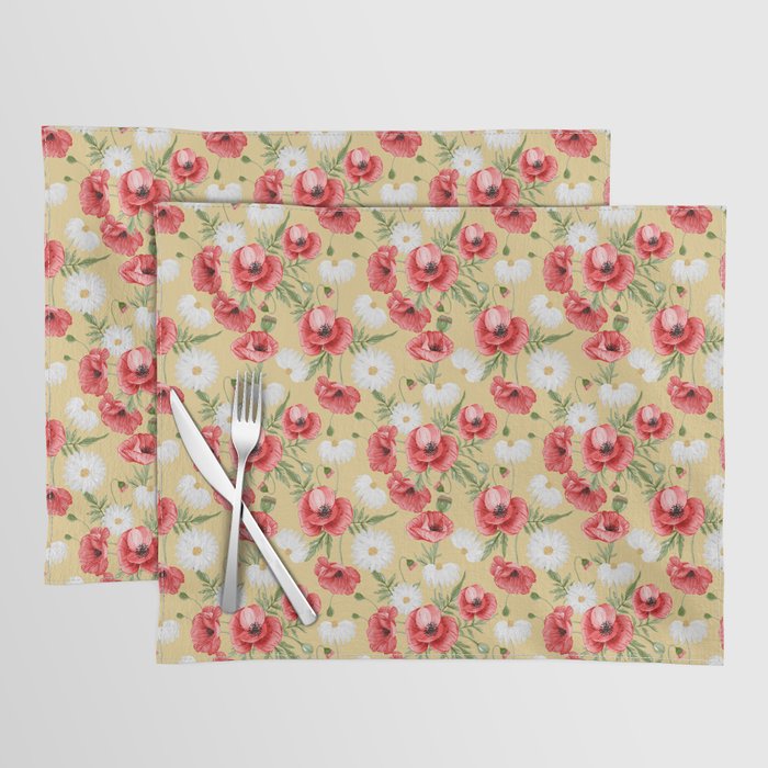 Daisy and Poppy Seamless Pattern on Beige Background Placemat